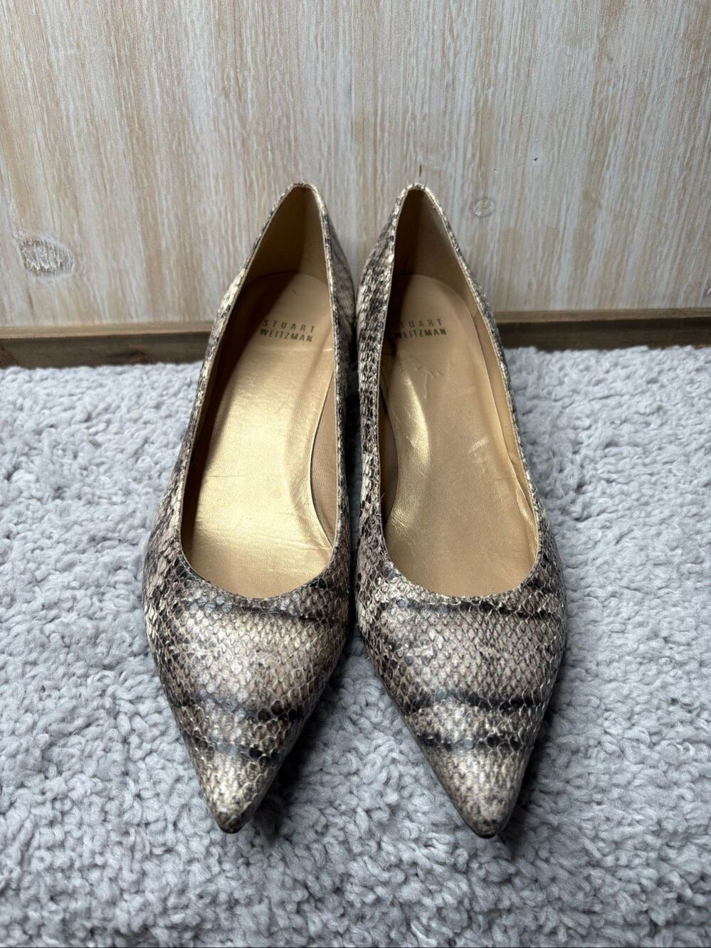 Stuart Weitzman Snakeskin Print Leather Pointed Toe Kitten Heel Women's Pumps Si